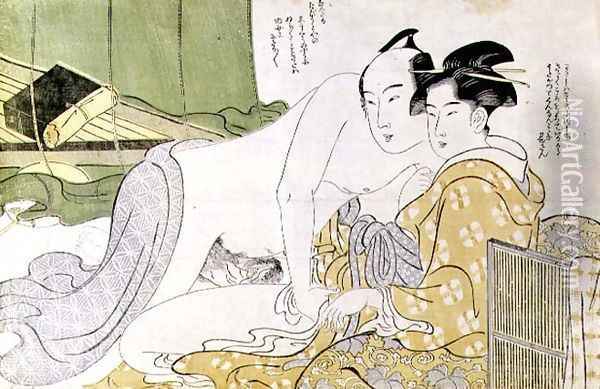 A Shunga erotic print lovers in a tent, c.1785 Oil Painting - Yushido Shunsho