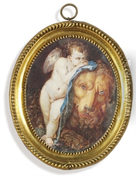 Cupid And The Lion, Cupid Holding A Blue Silk Blindfold Resting On The Tamed Lion... Oil Painting - Christopher Deram