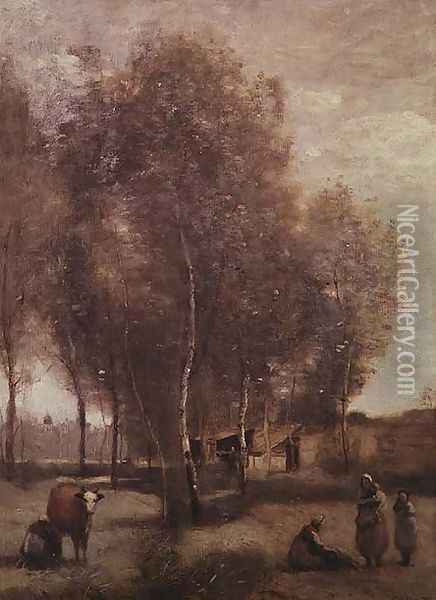 St.Catherine-les-Arras-Fields with trees and cottages Oil Painting - Jean-Baptiste-Camille Corot