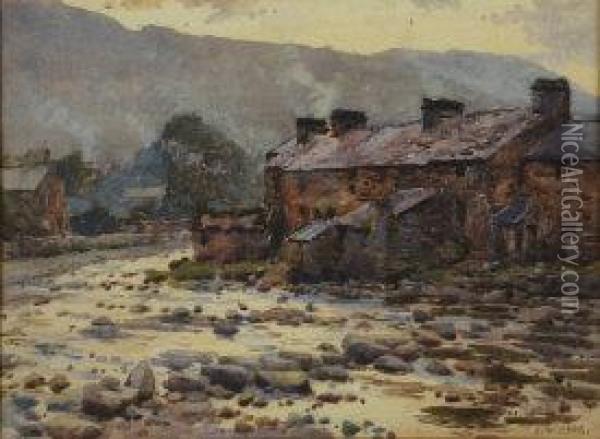 'beddgelert, North Wales', Riverside Cottages At Dusk Oil Painting - John W. King