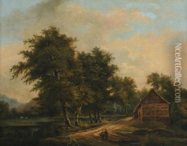 Landschaft Mit Feldweg Und Wanderern Oil Painting - Ferdinand Marie Delvaux