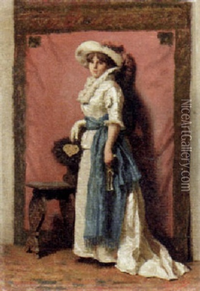 An Elegant Lady Holding A Fan Oil Painting - Giuseppe Guzzardi