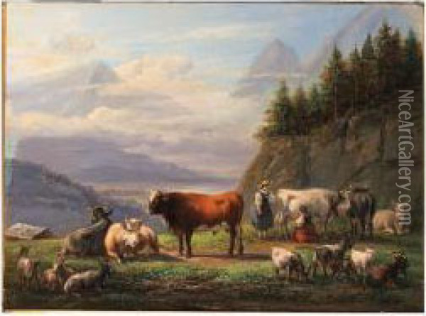 Cattle In An Alpine Landscape Oil Painting - Jan Van Ravenswaay