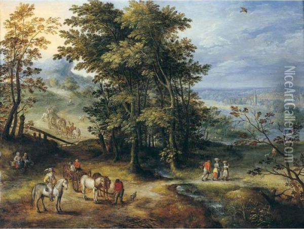 An Extensive Wooded Landscape With Travellers On A Path Oil Painting - Joseph van Bredael