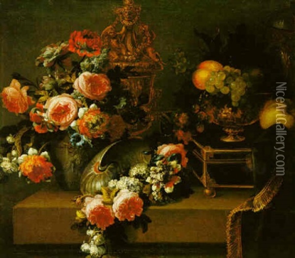 Still Life Of Flowers In An Urn On A Stone Ledge Oil Painting - Pierre Nicolas Huilliot