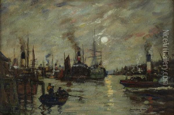 Sunset, Princes Dock, Glasgow Oil Painting - James Kay