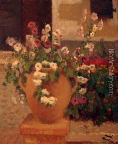 Pot De Petunias Et Soucis Dans Un Jardin Oil Painting - Henri Montassier