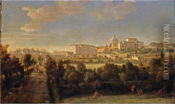 Rome, A View Of Saint Peter's Basilica And The Vatican Seen From Prati Di Castello Oil Painting - (circle of) Wittel, Gaspar van (Vanvitelli)