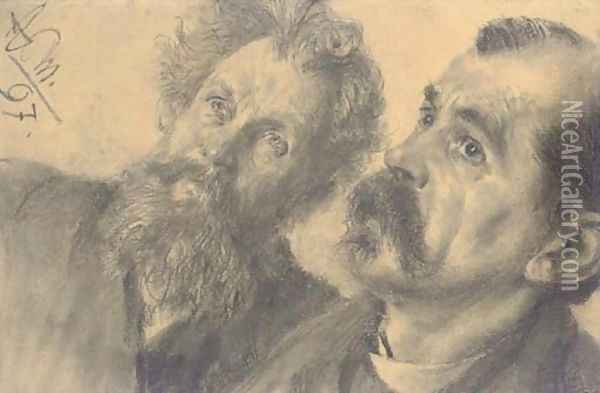 Studie zweier aufblickender Manner Oil Painting - Adolph von Menzel