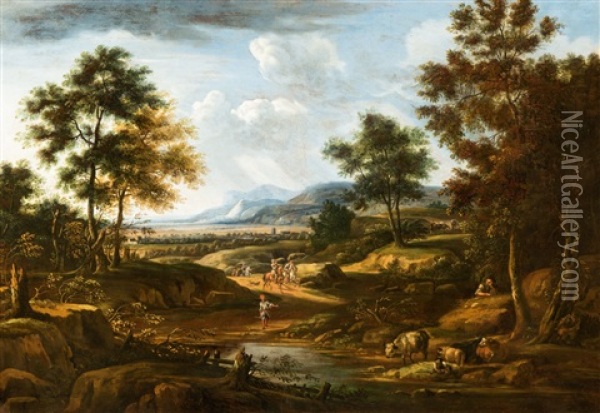 Weite Sudliche Landschaft Mit Osmanischen Reitern Oil Painting - Willem Van Bemmel