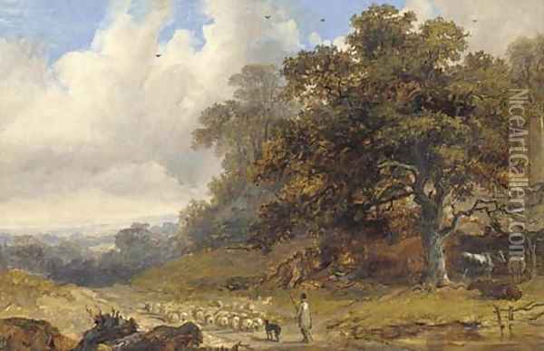 A shepherd with his flock in an extensive landscape Oil Painting - John Dearman