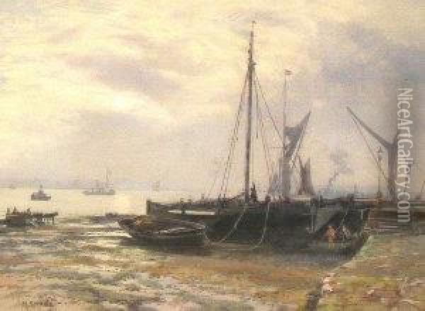 Fisherfolk And Beached Fishing Vessels On The Shoreof An Estuary Oil Painting - Martin Snape