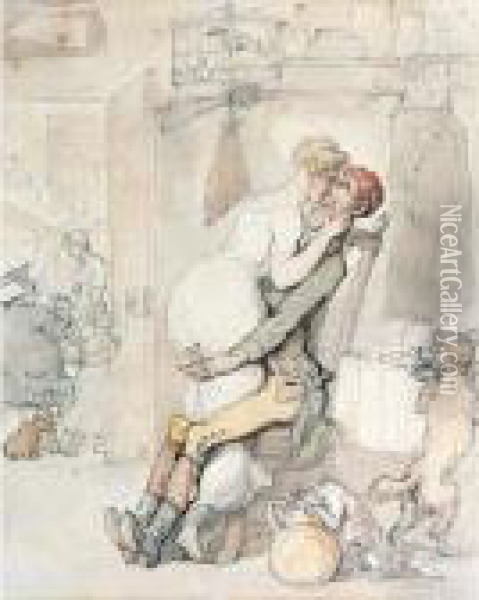 A Kiss In The Kitchen Oil Painting - Thomas Rowlandson