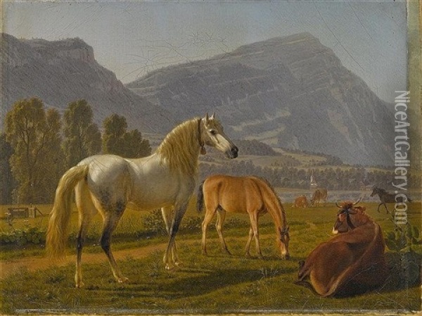 Pferde Und Rinder Auf Der Weide In Schweizer Gebirgslandschaft Oil Painting - Johann Jakob Biedermann
