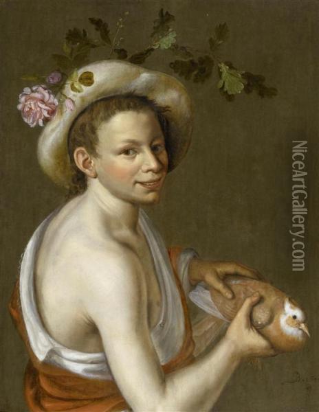 Young Herdsman With Dove. Oil Painting - Johannes Baers