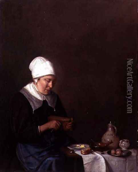 A Woman Seated at a Table Cutting a Slice of Cheese Oil Painting - Esaias Boursse