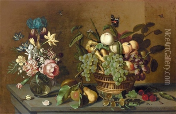 Stillleben Mit Fruchtkorb Und Blumenvase Oil Painting - Ambrosius Bosschaert the Younger