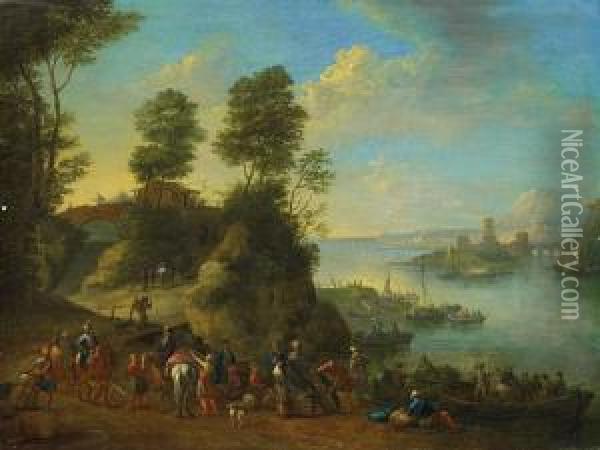 Flusslandschaft Mit Reitern Un Booten Oil Painting - Jan Frans I Van Bredael