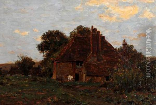 Kentish Cottage, With Figure In A Garden Before Oil Painting - James Aumonier