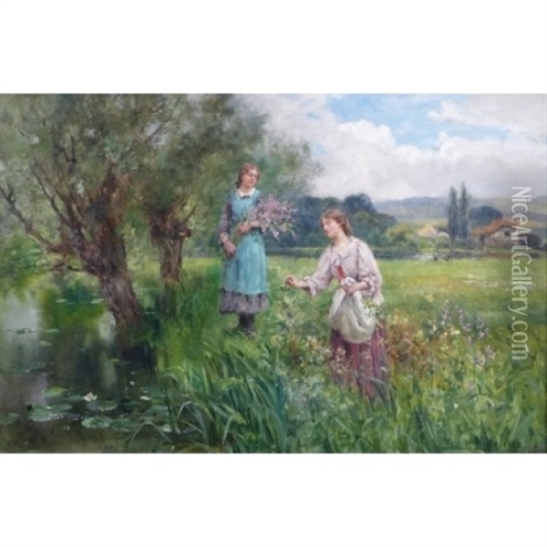 Two Young Ladies Picking Wild Flowers By A River, A Cottage In The Distance Oil Painting - Henry John Yeend King