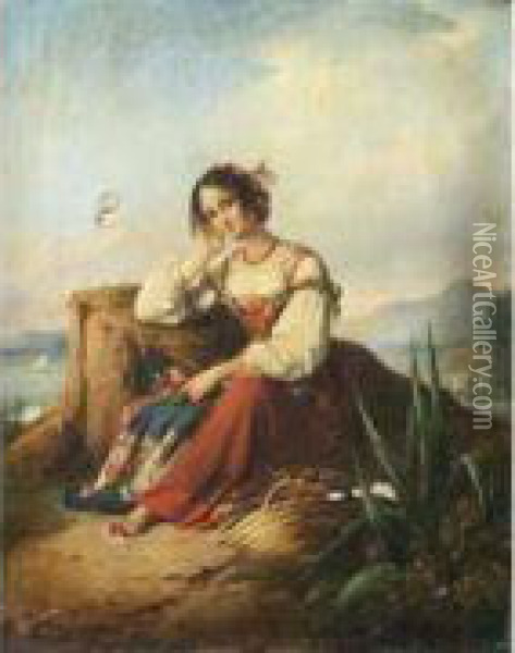  Jeune Femme D'ischia Pensive, Devant Le Golfe De Naples  Oil Painting - Alexandre-Marie Colin