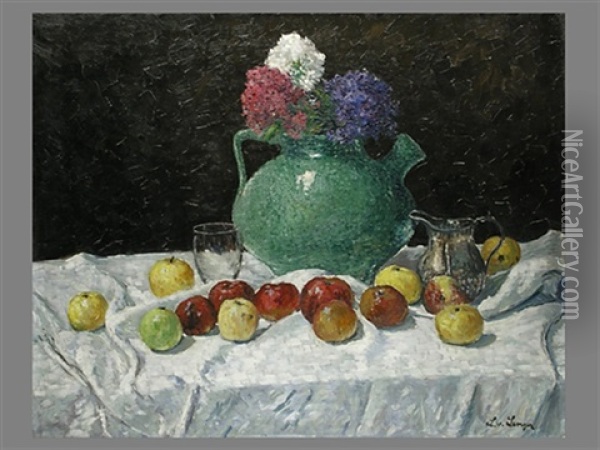 Stillleben Mit Apfeln Und Blumenkrug Oil Painting - Ludwig Von Senger