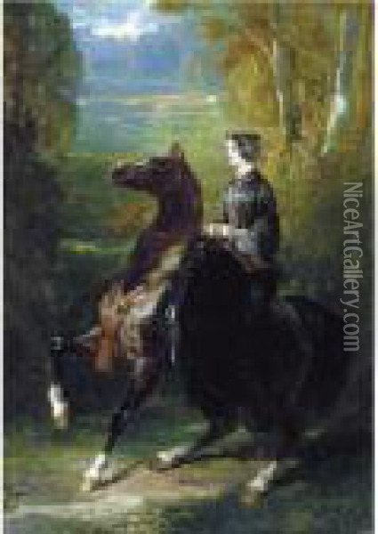 La Chatelaine A Cheval Oil Painting - Alfred De Dreux