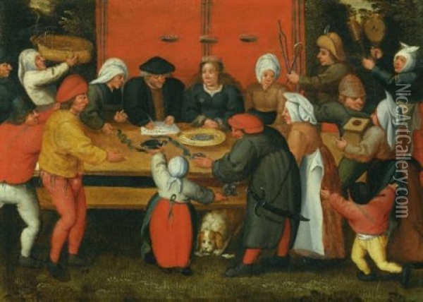 The Bestowing Of Gifts On The Newly Wedded Couple Oil Painting - Marten van Cleve the Elder