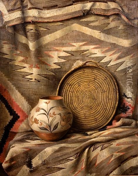 Still Life With Tray And Navajo Blanket Oil Painting - Frederick John Behre