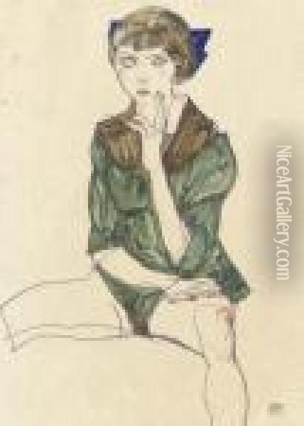 Sitzender Weiblicher Halbakt In Gruner Bluse Oil Painting - Egon Schiele