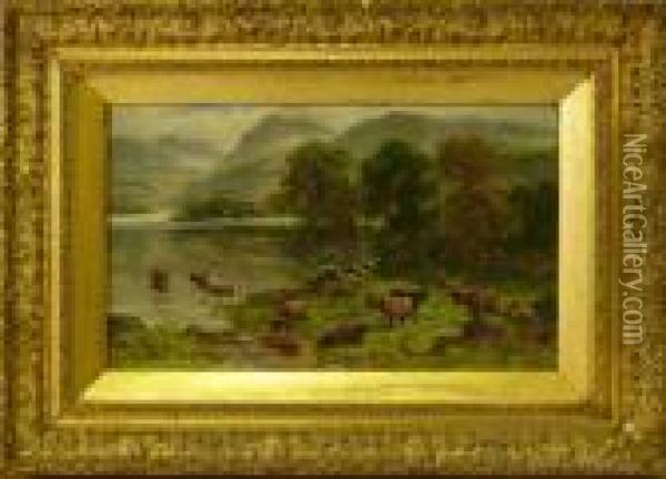 Djur Pa Bete. Oil Painting - William Langley