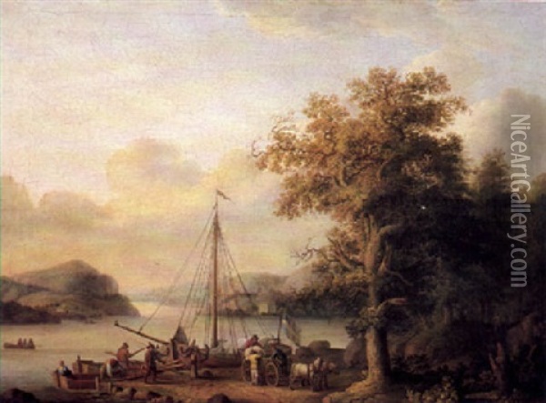 A River Landscape, With Figures Loading A Small Sailing     Vessel Oil Painting - Jacob Philipp Hackert