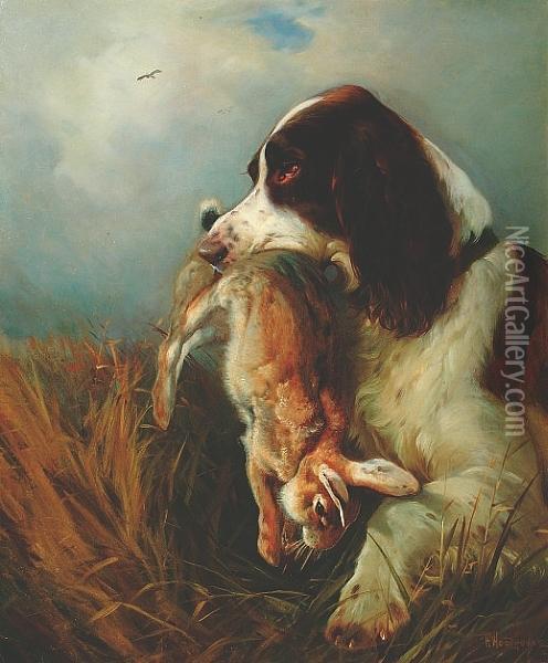 A Spaniel Holding A Rabbit Oil Painting - William Arnold Woodhouse
