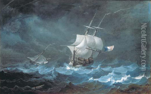 Marine: Navire De Haut Bord Pris Dans Une Tempete Oil Painting - Jules Alexandre Noel