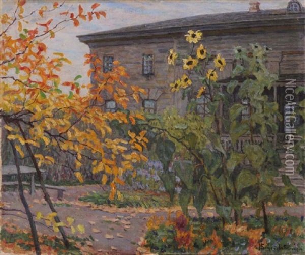 Sunflowers In The Garden Oil Painting - Nikolai Petrovich Bogdanov-Bel'sky