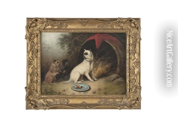 Three Dogs By An Overturned Barrel Oil Painting - Edward Armfield