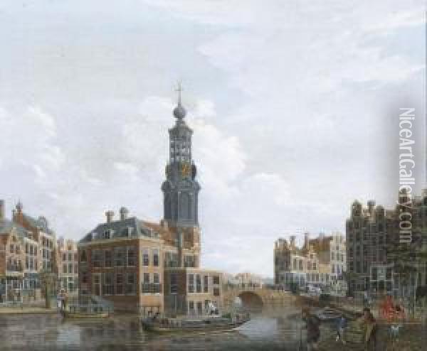 The Singel, Amsterdam, With The Munttoren Oil Painting - Isaak Ouwater
