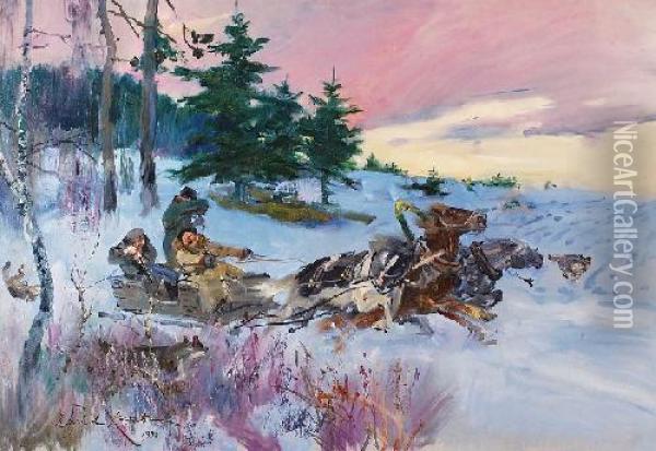 Napad Wilkow Oil Painting - Wojciech Von Kossak