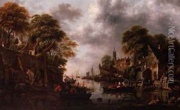 River Scene with Boats and Figures Oil Painting - Claes Molenaar (see Molenaer)