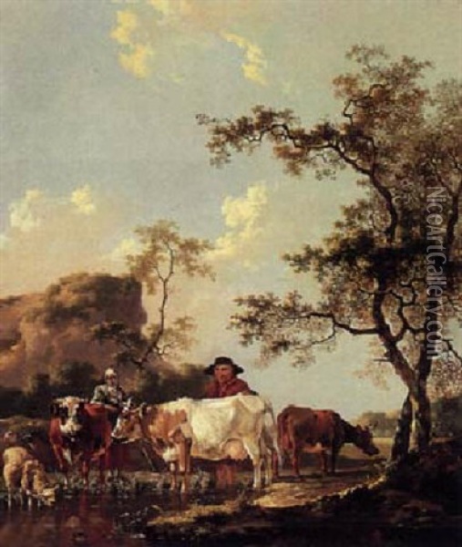 Shepherd And Shepherdess With Their Herd Near A Watering Place Oil Painting - Barend Hendrik Thier