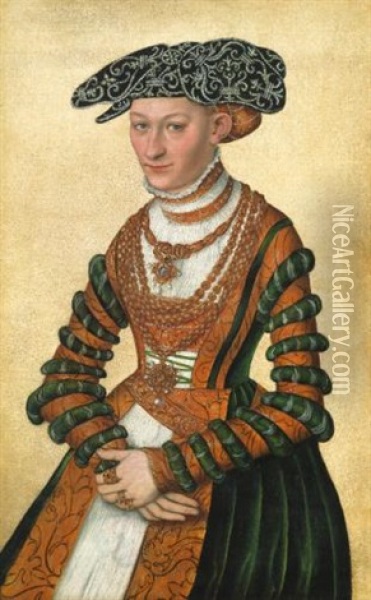 Portrait Of A Lady, Three-quarter Length, In A Green Velvet And Orange Dress And A Pearl-embroidered Black Hat Oil Painting - Lucas Cranach the Younger