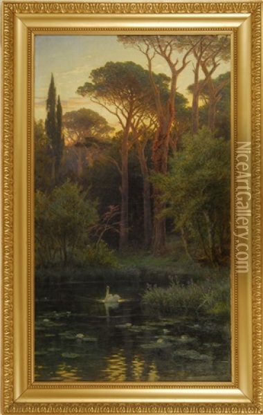 Luminous Landscape With A Swan And A Lily Pond Oil Painting - Johann Zahnd