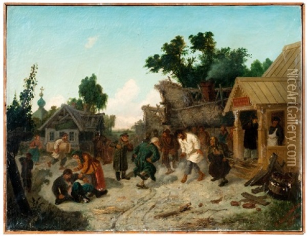 Jolly Life Near The Pub Oil Painting - Leonid Ivanovich Solomatkin