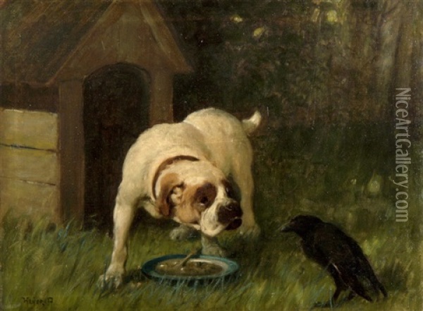 Hund Verteidigt Seinen Futternapf Oil Painting - Arthur Heyer