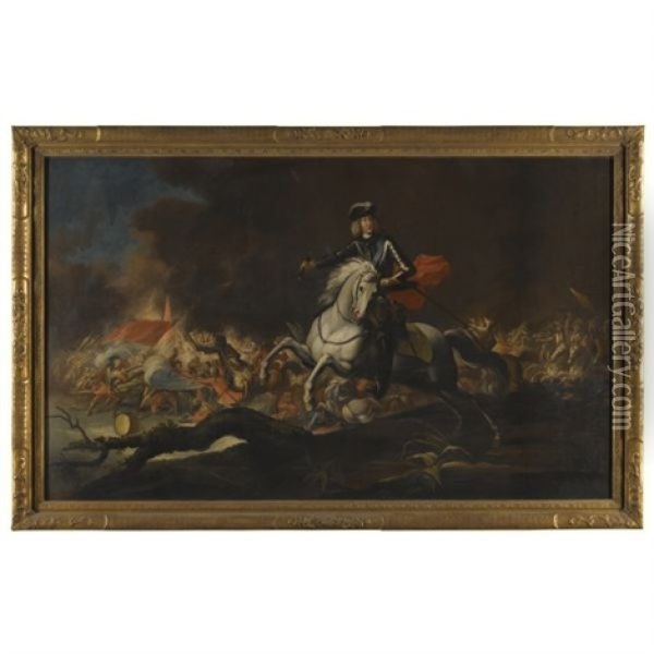 Equestrian Portrait Of Commander Johann Kaspar Freiherr Von Hillesheim In Front Of A Battle Oil Painting - Jan Philipp van Schlichten