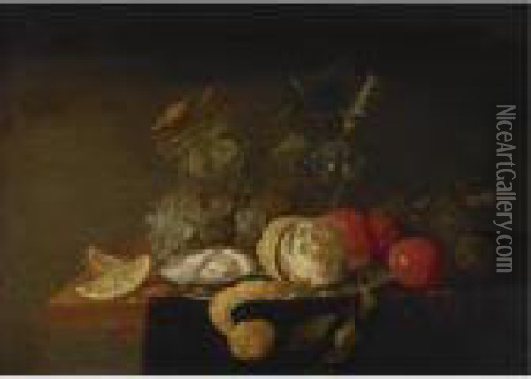 Still Life With A Peeled Lemon, Orange Slices, An Oyster, Plums, Grapes And A Oil Painting - Jan Davidsz De Heem