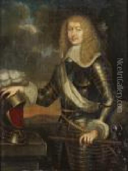 Portrait Of An Officer, Said To 
Be Francois Emmanuel De Bonne De Crequy, Duc De Lesdiguieres, Marechal 
Of France, Standing Small Three-quarter-length, Wearing Armour, A Baton
 In His Left Hand And His Right Resting On A Helmet Oil Painting - Pierre Le Romain I Mignard