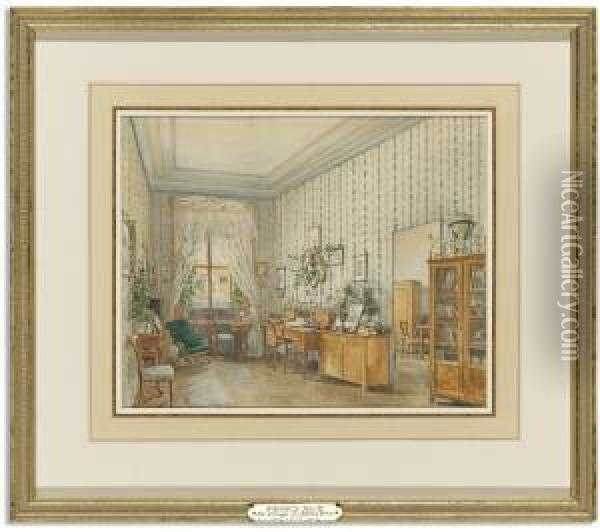 Interior Of A Sitting Room With Green And White Wallpaper Oil Painting - Franz Alt