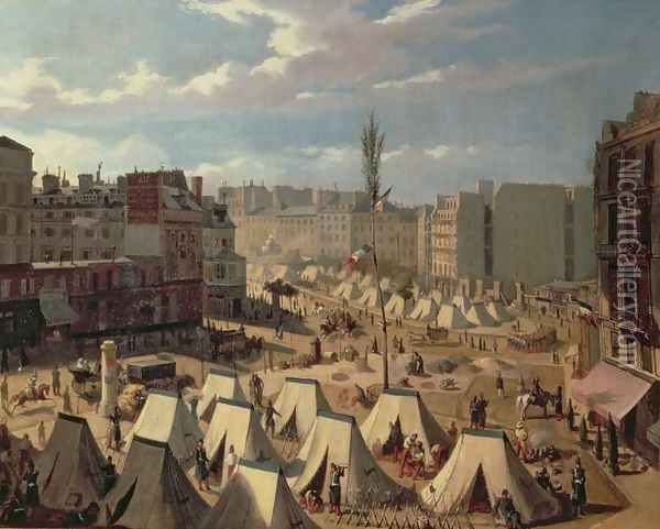 Encampment of troops on the Boulevard du Temple Oil Painting - Alexandre Josquin