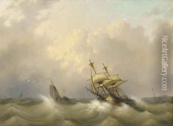 A two-master on choppy water Oil Painting - Dutch School